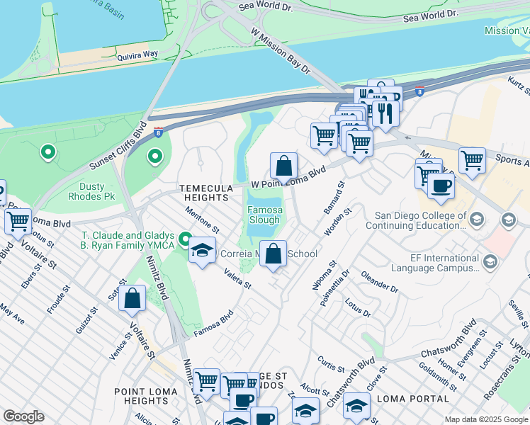 map of restaurants, bars, coffee shops, grocery stores, and more near 4275-4283 West Point Loma Boulevard in San Diego