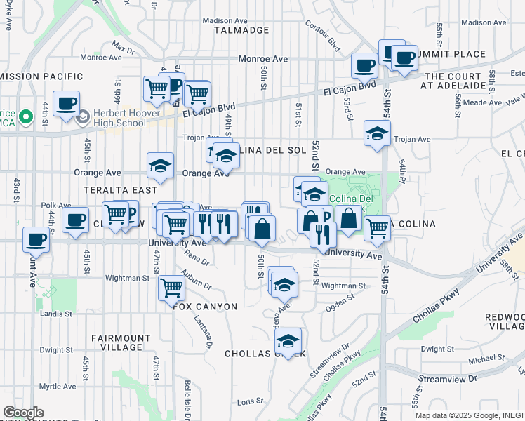 map of restaurants, bars, coffee shops, grocery stores, and more near 4067 Oakcrest Drive in San Diego