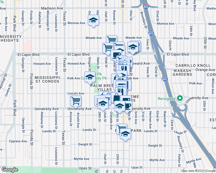 map of restaurants, bars, coffee shops, grocery stores, and more near 4043 Utah Street in San Diego