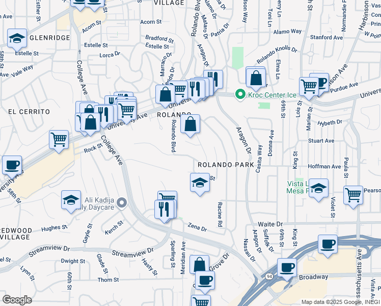 map of restaurants, bars, coffee shops, grocery stores, and more near 6452 Celia Vista Dr in San Diego