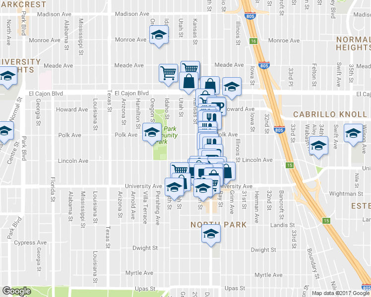 map of restaurants, bars, coffee shops, grocery stores, and more near 4043 Utah Street in San Diego