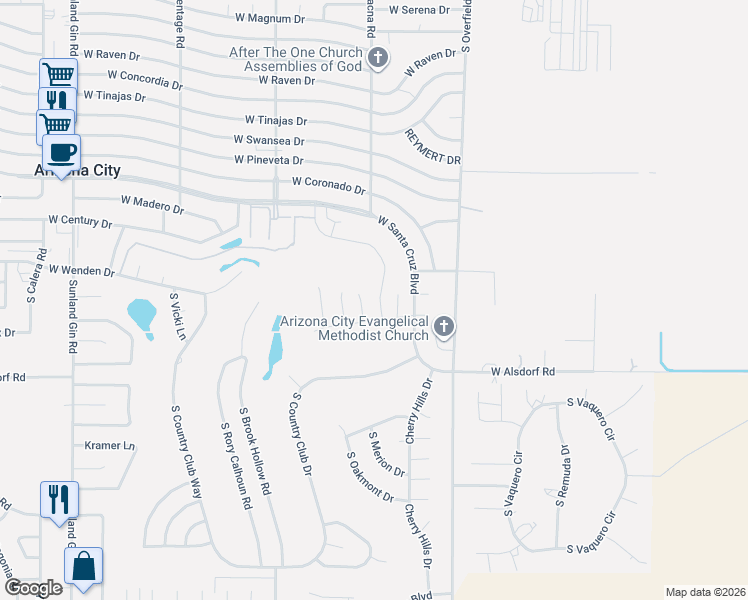 map of restaurants, bars, coffee shops, grocery stores, and more near 14203 South Gleneagle Lane in Arizona City