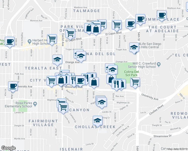 map of restaurants, bars, coffee shops, grocery stores, and more near 4067 Oakcrest Drive in San Diego