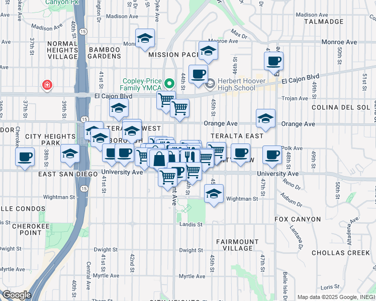 map of restaurants, bars, coffee shops, grocery stores, and more near 4077 Fairmount Avenue in San Diego