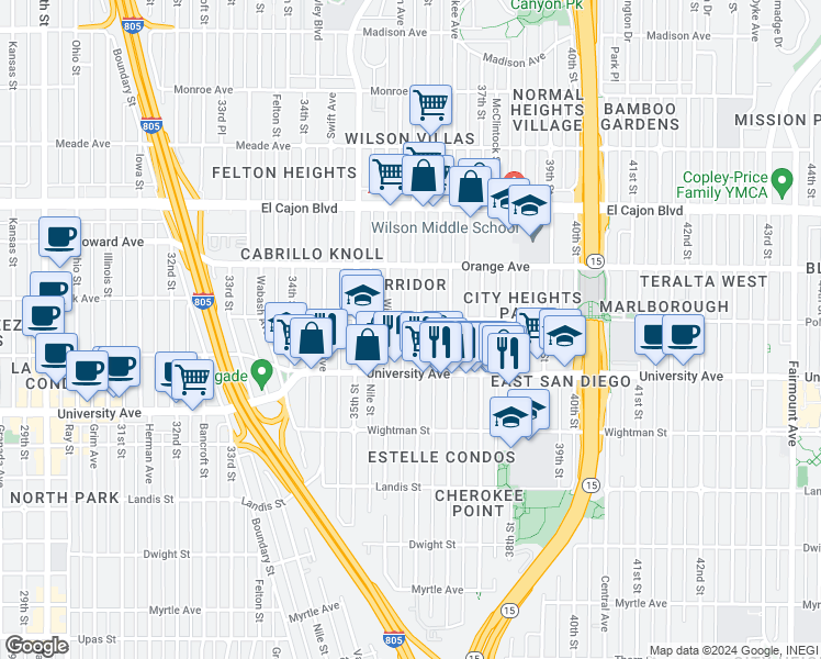 map of restaurants, bars, coffee shops, grocery stores, and more near 4073 36th Street in San Diego