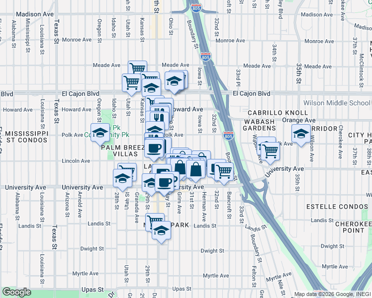 map of restaurants, bars, coffee shops, grocery stores, and more near 4031 Illinois Street in San Diego
