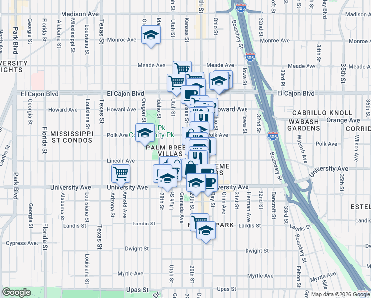 map of restaurants, bars, coffee shops, grocery stores, and more near 4046 Kansas Street in San Diego