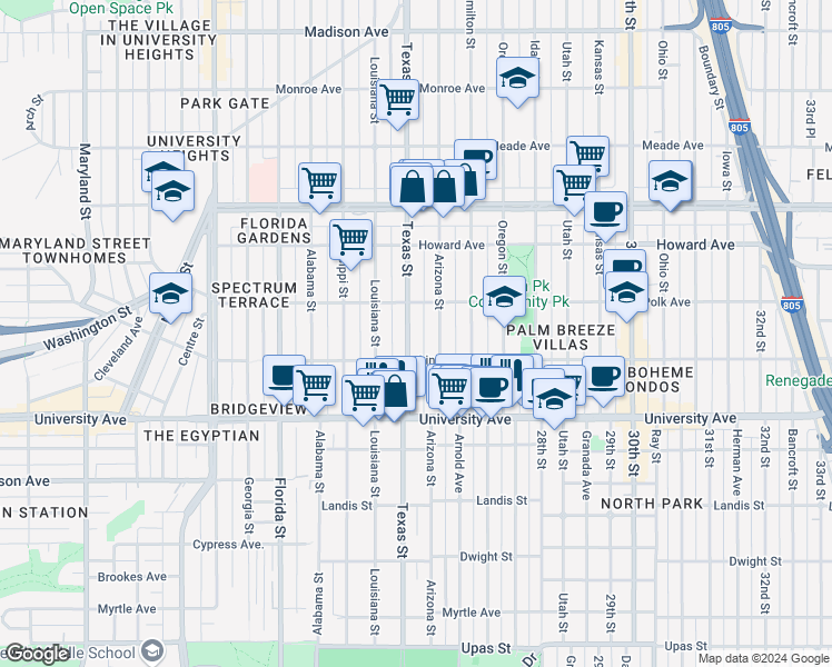 map of restaurants, bars, coffee shops, grocery stores, and more near 4036 Arizona Street in San Diego