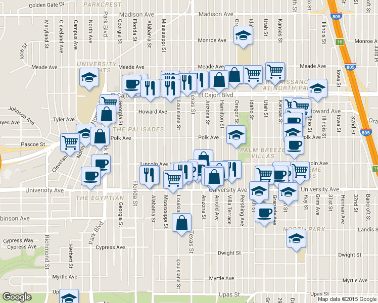 map of restaurants, bars, coffee shops, grocery stores, and more near 4033 Louisiana Street in San Diego
