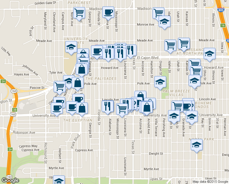 map of restaurants, bars, coffee shops, grocery stores, and more near 4035 Mississippi Street in San Diego