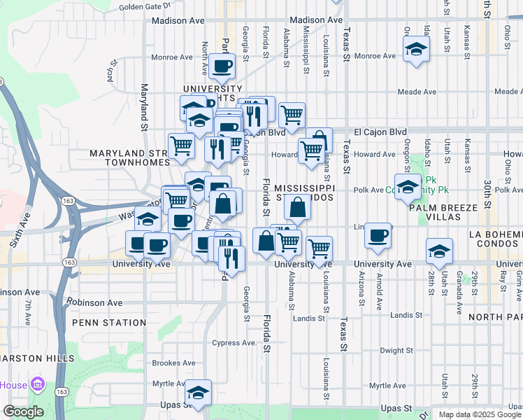 map of restaurants, bars, coffee shops, grocery stores, and more near 4034 Florida Street in San Diego
