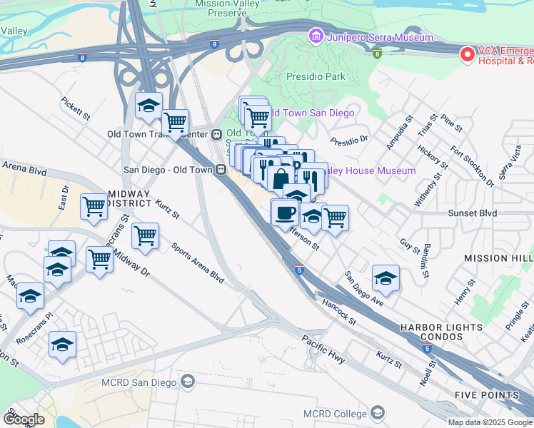 map of restaurants, bars, coffee shops, grocery stores, and more near 3895 Harney Street in San Diego