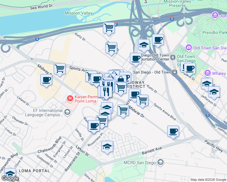 map of restaurants, bars, coffee shops, grocery stores, and more near 3166 Midway Drive in San Diego
