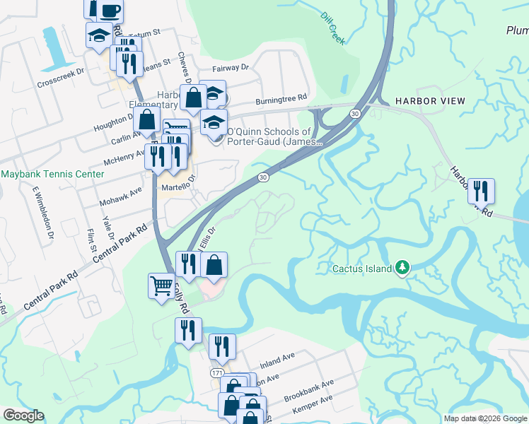 map of restaurants, bars, coffee shops, grocery stores, and more near 9 Daniel Ellis Drive in Charleston