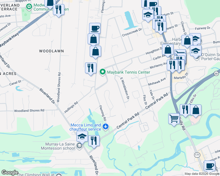 map of restaurants, bars, coffee shops, grocery stores, and more near 1950 Fleming Woods Road in Charleston