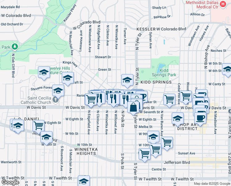 map of restaurants, bars, coffee shops, grocery stores, and more near 1125 Kings Highway in Dallas