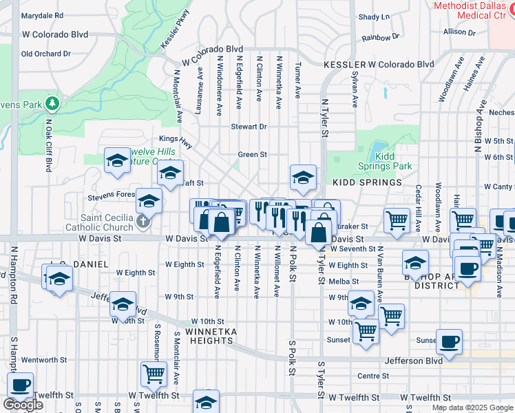 map of restaurants, bars, coffee shops, grocery stores, and more near 641 North Winnetka Avenue in Dallas