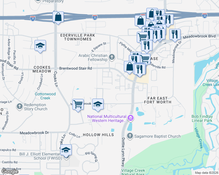 map of restaurants, bars, coffee shops, grocery stores, and more near 2001 Castleview Drive in Fort Worth