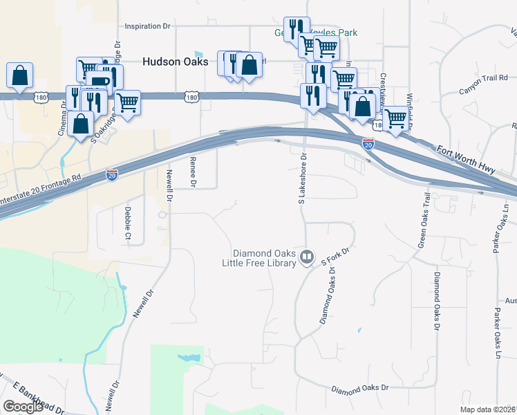 map of restaurants, bars, coffee shops, grocery stores, and more near 3124 Interstate 20 Frontage Road in Hudson Oaks