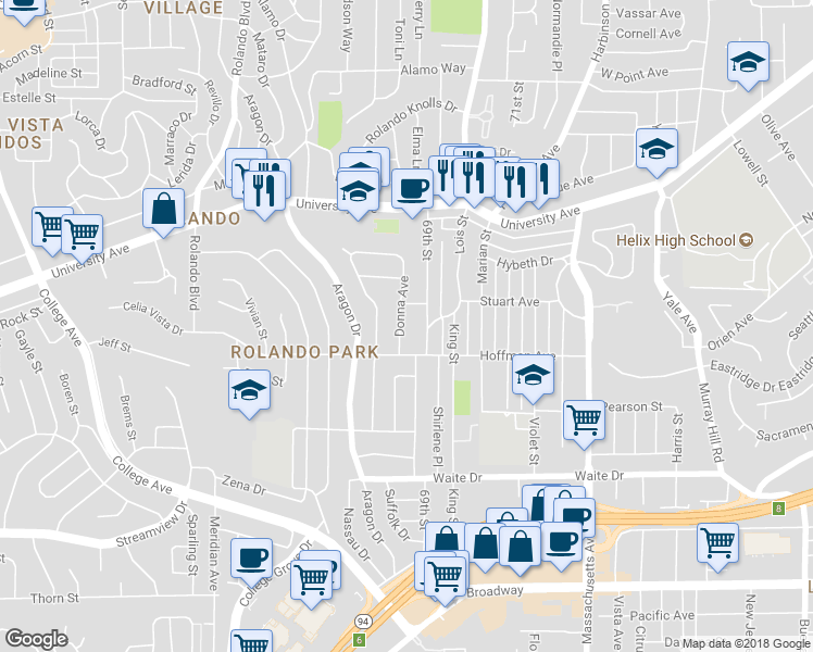 map of restaurants, bars, coffee shops, grocery stores, and more near 4045 Donna Avenue in San Diego