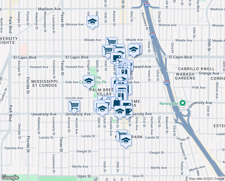 map of restaurants, bars, coffee shops, grocery stores, and more near 4044 Kansas Street in San Diego