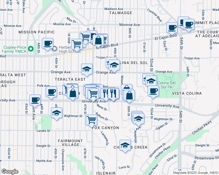 map of restaurants, bars, coffee shops, grocery stores, and more near 4863 Polk Avenue in San Diego