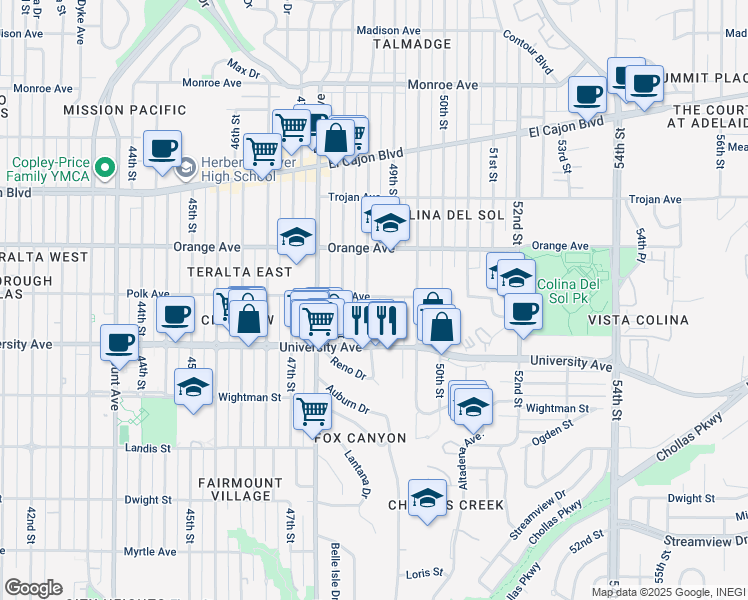 map of restaurants, bars, coffee shops, grocery stores, and more near 4863 Polk Avenue in San Diego