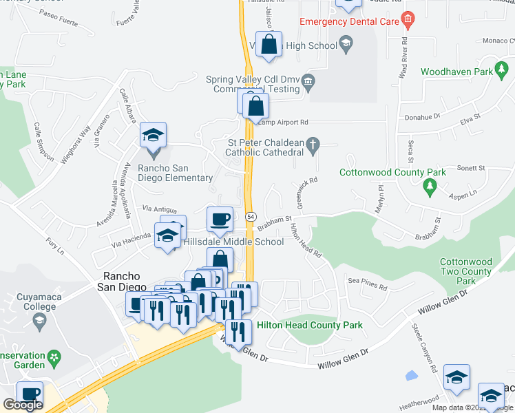 map of restaurants, bars, coffee shops, grocery stores, and more near 2156 Greencrest Drive in El Cajon