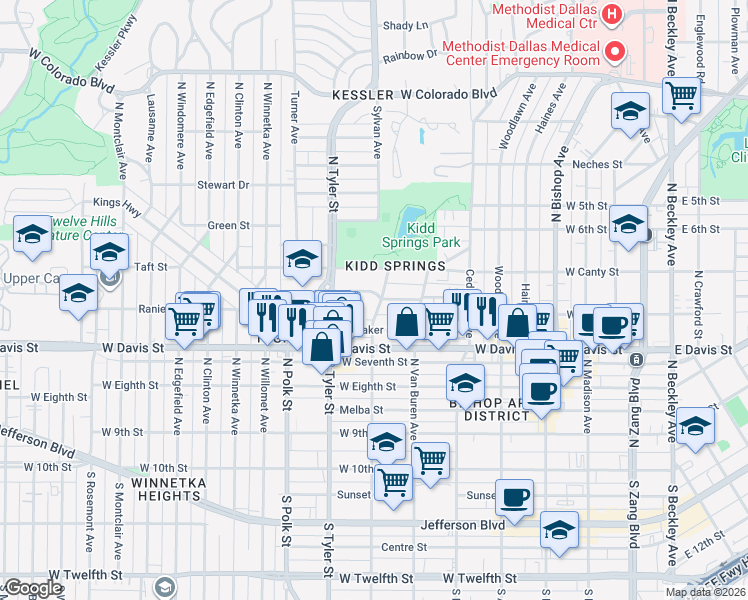 map of restaurants, bars, coffee shops, grocery stores, and more near 647 North Vernon Avenue in Dallas