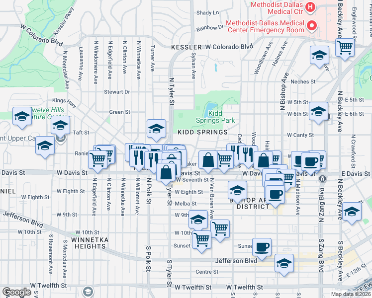map of restaurants, bars, coffee shops, grocery stores, and more near 647 North Vernon Avenue in Dallas
