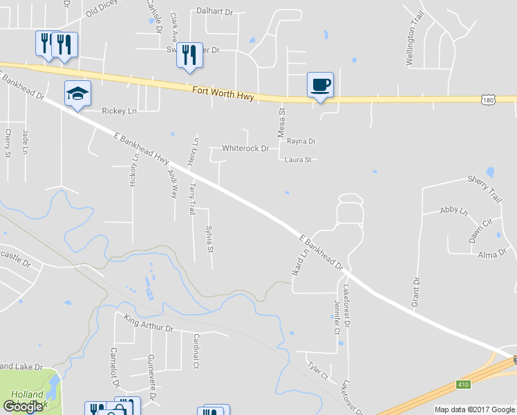 map of restaurants, bars, coffee shops, grocery stores, and more near 1711 East Bankhead Highway in Weatherford