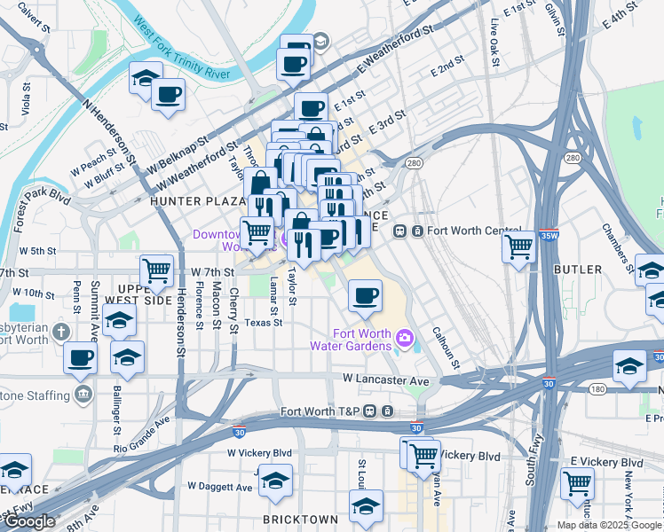 map of restaurants, bars, coffee shops, grocery stores, and more near 928 Houston Street in Fort Worth