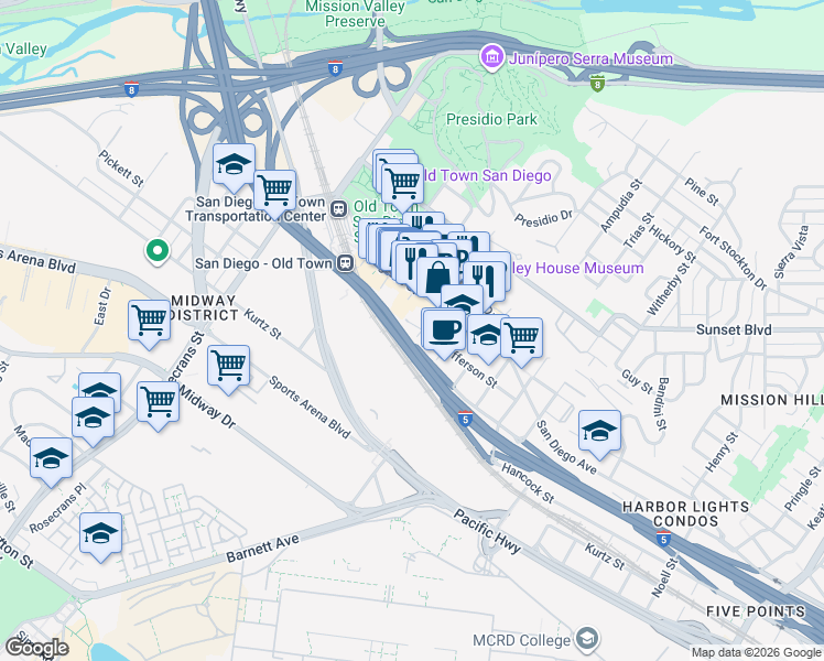 map of restaurants, bars, coffee shops, grocery stores, and more near 2505 Jefferson Street in San Diego