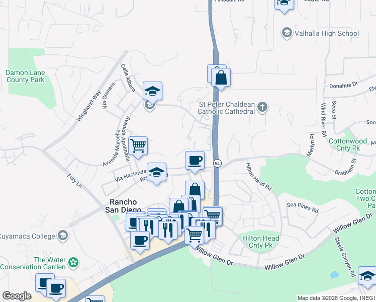 map of restaurants, bars, coffee shops, grocery stores, and more near 11738 Monte View Court in El Cajon