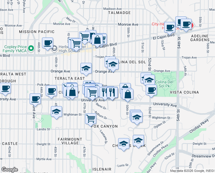 map of restaurants, bars, coffee shops, grocery stores, and more near 4095 Estrella Avenue in San Diego