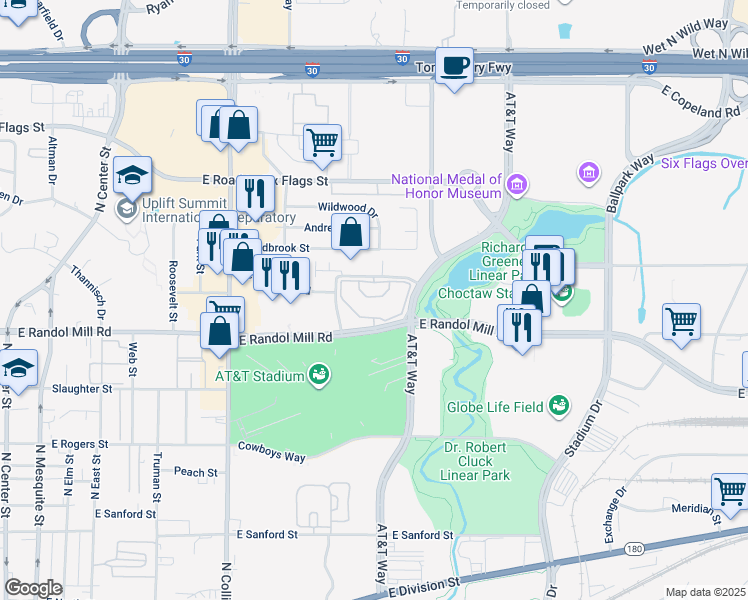 map of restaurants, bars, coffee shops, grocery stores, and more near 1271 Enclave Circle in Arlington