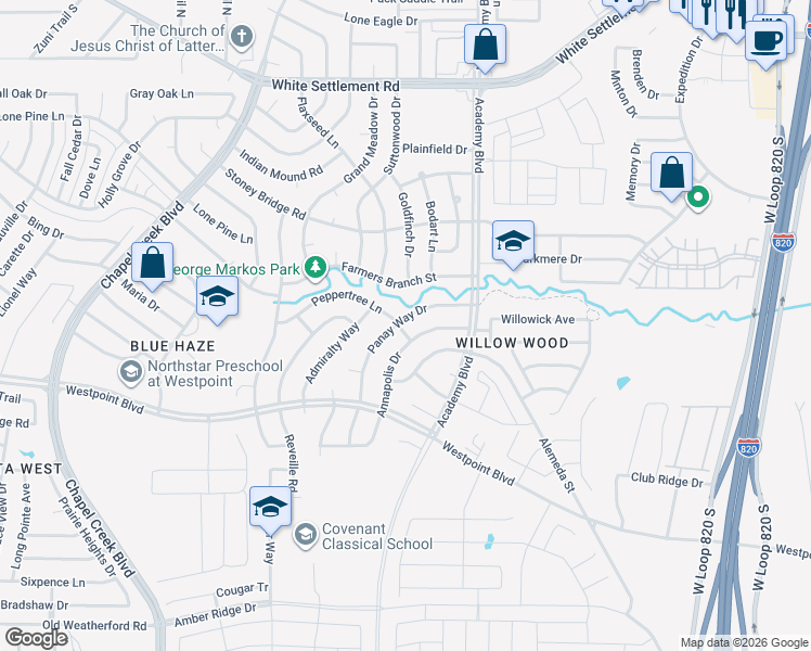 map of restaurants, bars, coffee shops, grocery stores, and more near 549 Panay Way Drive in Fort Worth