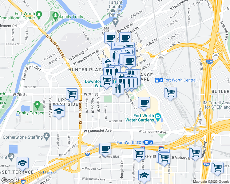 map of restaurants, bars, coffee shops, grocery stores, and more near 307-309 West 7th Street in Fort Worth