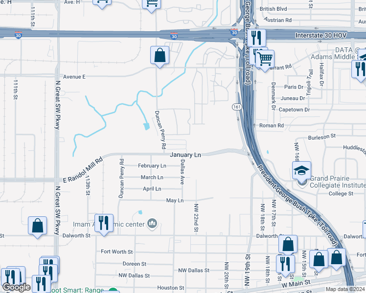 map of restaurants, bars, coffee shops, grocery stores, and more near 2312 Calendar Court in Grand Prairie