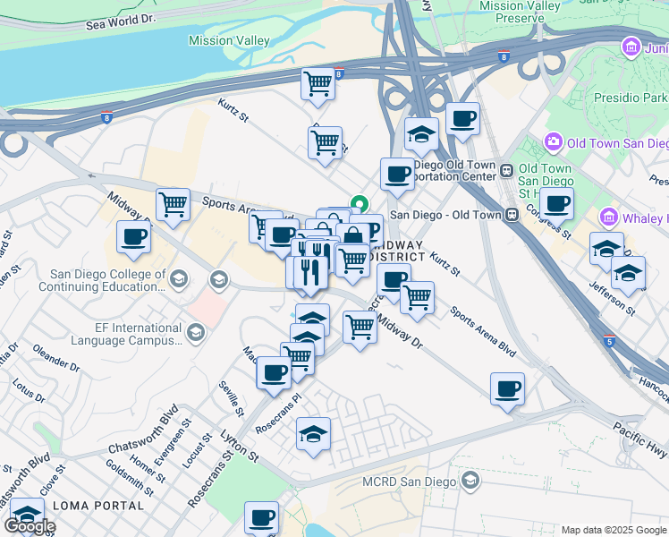 map of restaurants, bars, coffee shops, grocery stores, and more near 3140 Midway Drive in San Diego