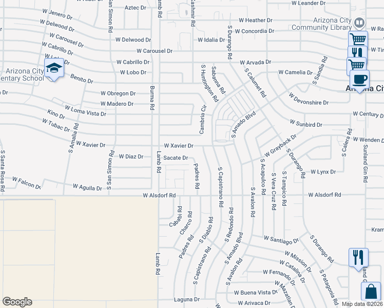 map of restaurants, bars, coffee shops, grocery stores, and more near 10968 Sacate Drive in Arizona City