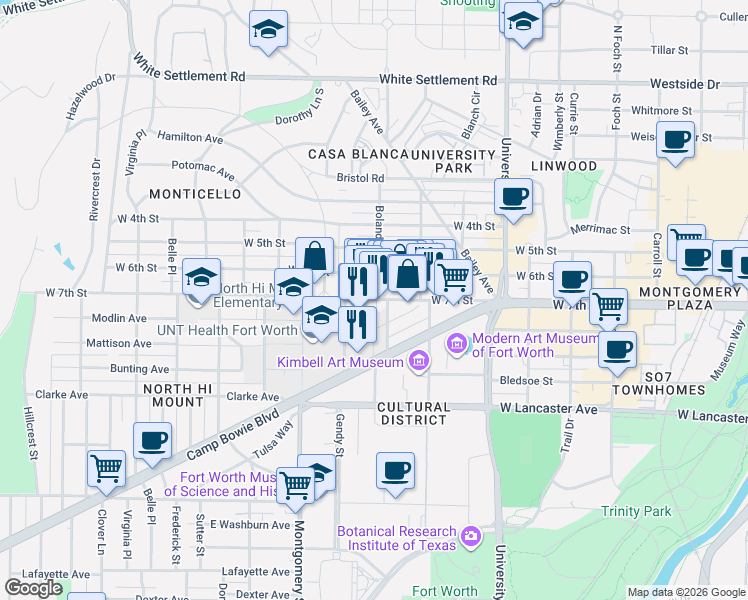map of restaurants, bars, coffee shops, grocery stores, and more near 3429 W 7th St in Fort Worth