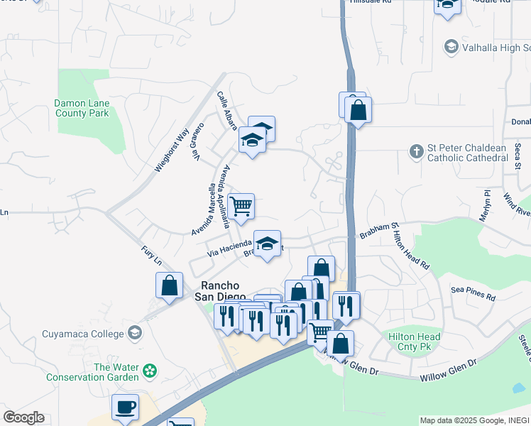 map of restaurants, bars, coffee shops, grocery stores, and more near 12148 Via Antigua in El Cajon