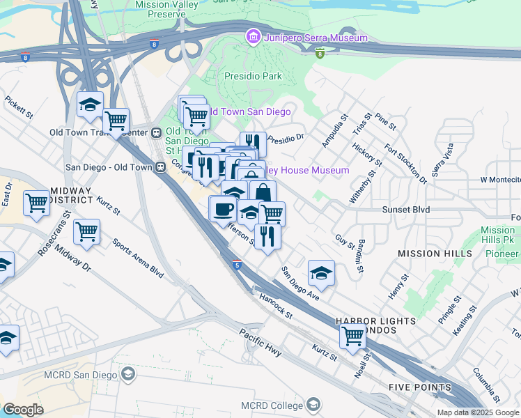 map of restaurants, bars, coffee shops, grocery stores, and more near 3967 Arista Street in San Diego