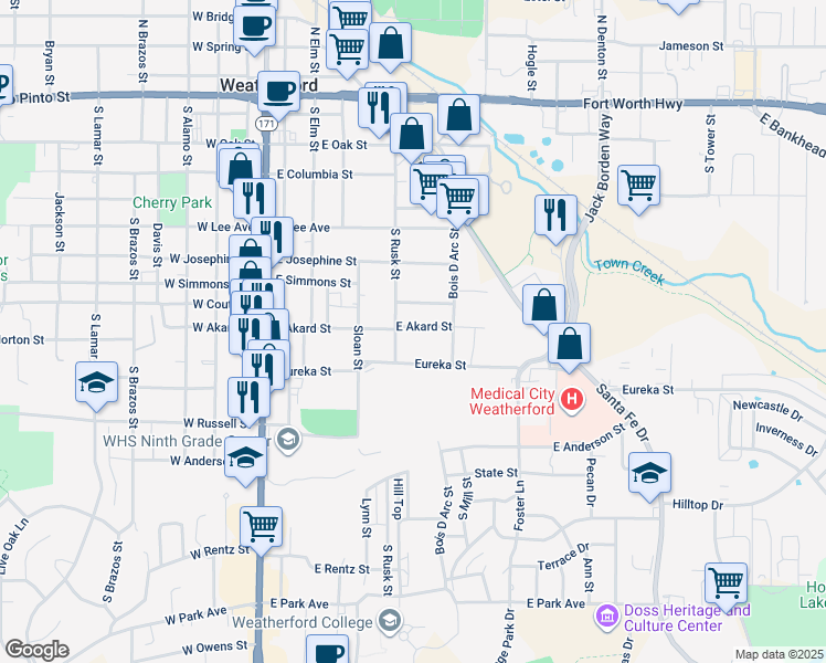 map of restaurants, bars, coffee shops, grocery stores, and more near 418 East Akard Street in Weatherford
