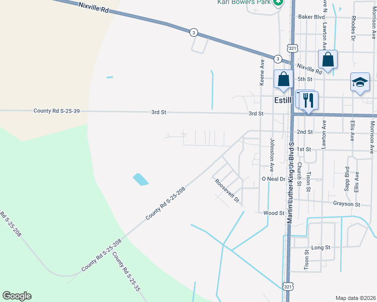 map of restaurants, bars, coffee shops, grocery stores, and more near 219 Hendrix Mill Road in Estill