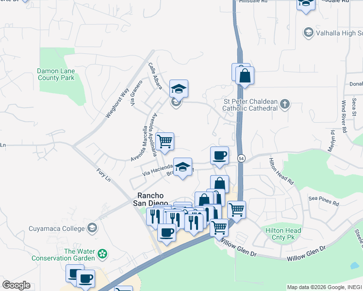 map of restaurants, bars, coffee shops, grocery stores, and more near 12148 Via Antigua in El Cajon