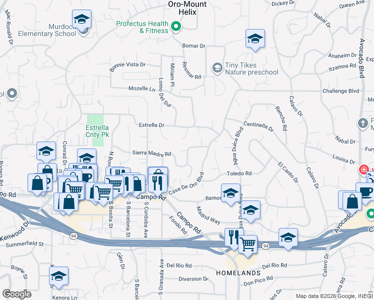 map of restaurants, bars, coffee shops, grocery stores, and more near 10142 Sierra Madre Road in Spring Valley