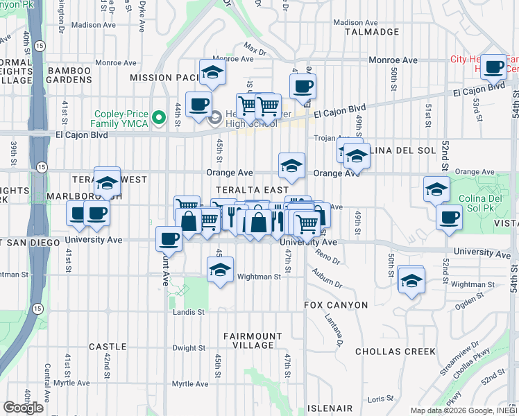 map of restaurants, bars, coffee shops, grocery stores, and more near 4018 Menlo Avenue in San Diego