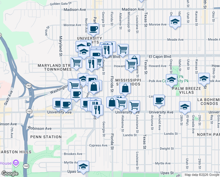 map of restaurants, bars, coffee shops, grocery stores, and more near in San Diego
